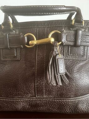 COACH Dark Brown Leather Satchel with Gold Hardware and Tassel Hampton